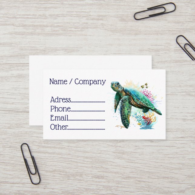 Carte De Visite Style d'aquarelle sous-marine de tortue marine (Devant/Arrière en situation)