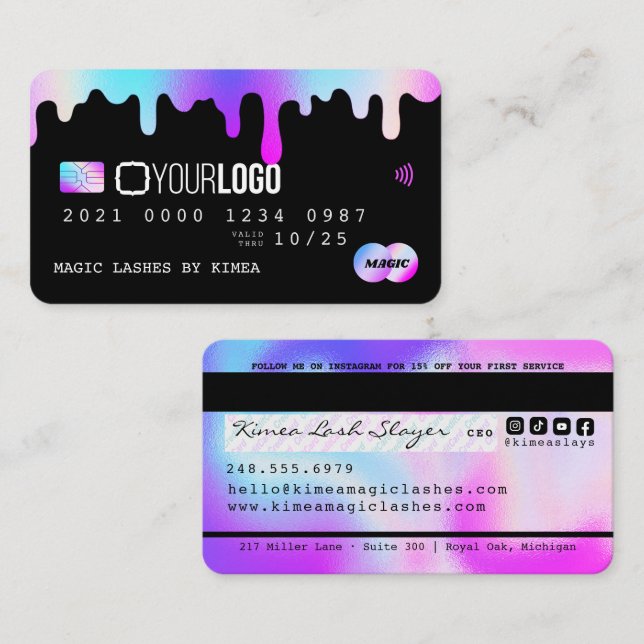 Carte De Visite Style de crédit du logo holographique violet et ro (Devant / Derrière)