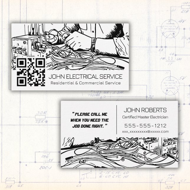Carte De Visite Style de croquis noir et blanc Electricien avec QR (Créateur téléchargé)