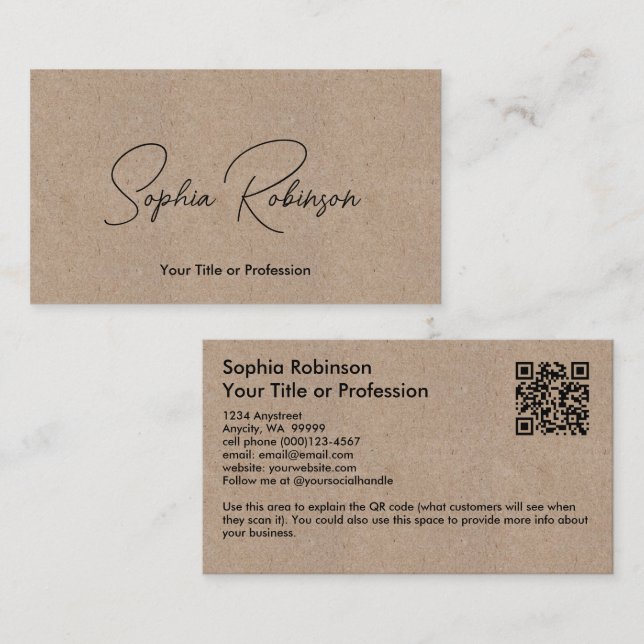 Carte De Visite Style papier Kraft de signature QR (Devant / Derrière)