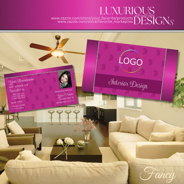 Carte De Visite Stylé rose fille avec logo Monogramme et photo (Créateur téléchargé)