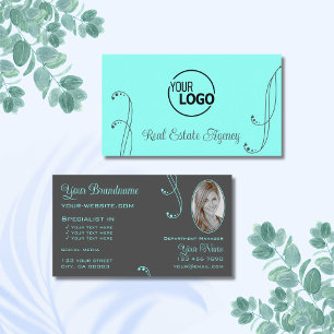 Carte De Visite Style Turquoise gris chic Ornate avec logo et phot