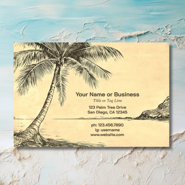 Carte De Visite Style vintage Croquis Palmiers Plage tropicale (Front - Vintage Style Sketch Palm Trees Tropical Beach Business Card)