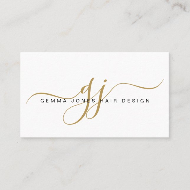 Carte De Visite Stylet de cheveux moderne Gold Script Monogramme (Devant)