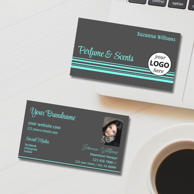 Carte De Visite Stylish Dark Grey Gris Turquoise avec logo et phot (Créateur téléchargé)