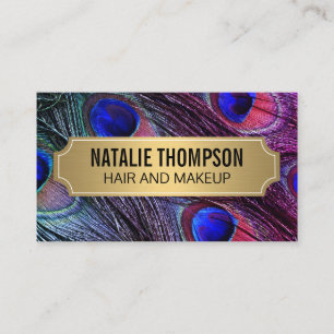 Carte De Visite Stylish Peacock Feathers Gold Metallic Frame