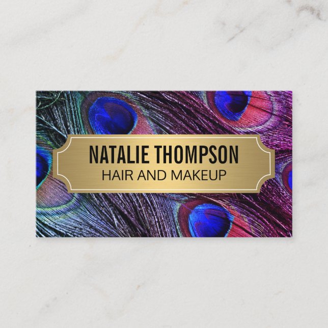 Carte De Visite Stylish Peacock Feathers Gold Metallic Frame (Devant)