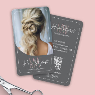 Carte De Visite Styliste de cheveux Monogramme Logo Photo Grey