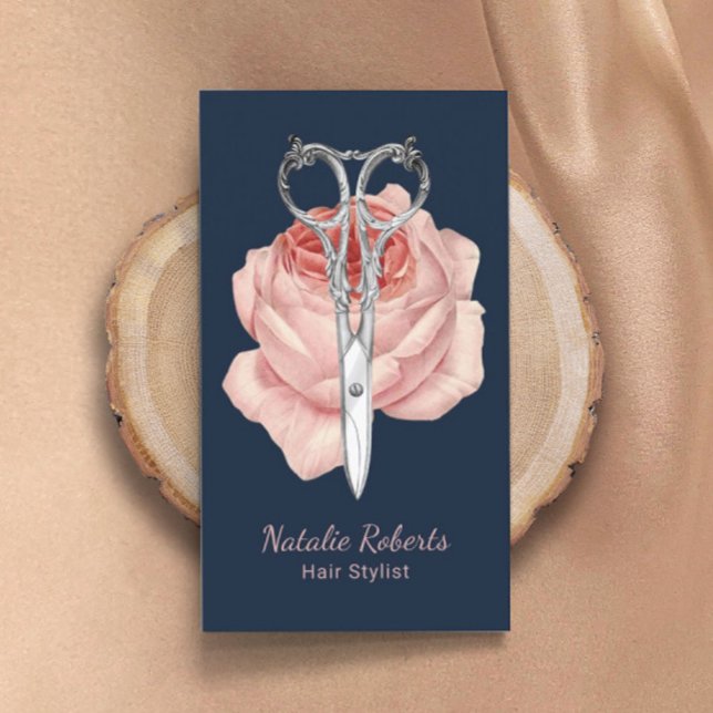 Carte De Visite Styliste de cheveux Navy Blue Ciseaux & Rose Beaut (Créateur téléchargé)