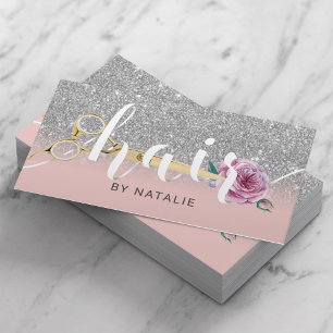 Carte De Visite Styliste des cheveux en argent rose Scissor Flower