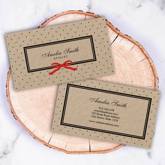 Carte De Visite Stylo Black Polka Dot et Red Ribbon Kraft (Créateur téléchargé)