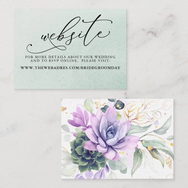 Carte De Visite Succulents Purple Greenery Mariage Website Card (Devant / Derrière)