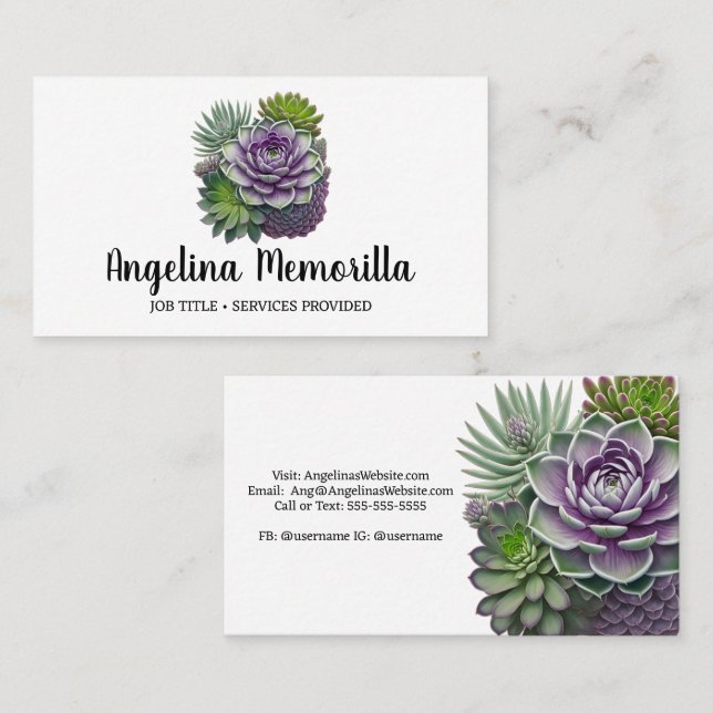 Carte De Visite Succulents verts et violets Plantes de jardin (Devant / Derrière)