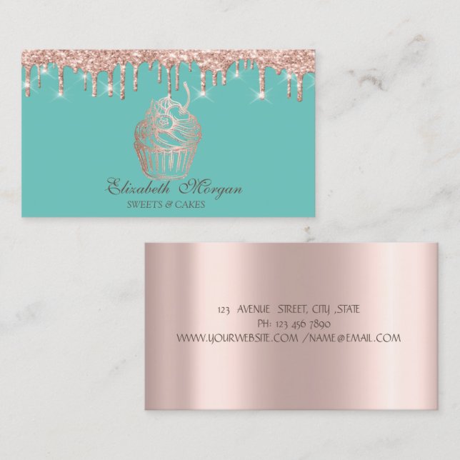 Carte De Visite Sucres Rose Cupcake Gold Drives Mint Green Bakery (Devant / Derrière)