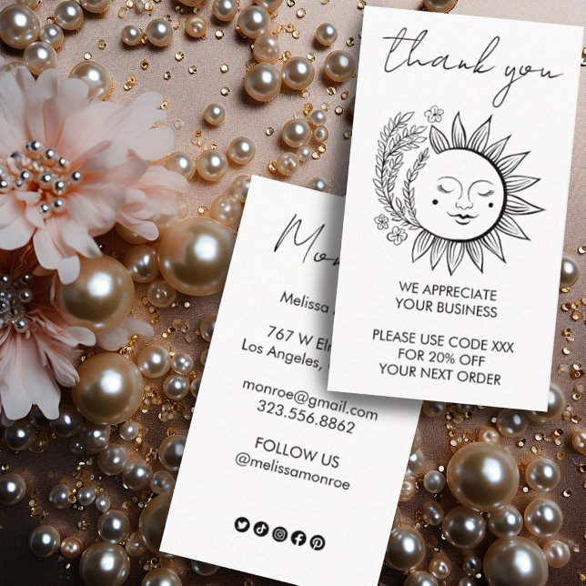 Carte De Visite Sun Flower Boho Chic Elegant Social Icons Remise (Custom feminine sun discount card customer thank you with social media icons)