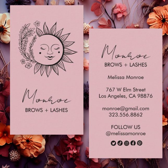 Carte De Visite Sun Flower Boho Line Art Elegant Chic Social Icon (Custom business cards with social media icons and art of sun and flowers)