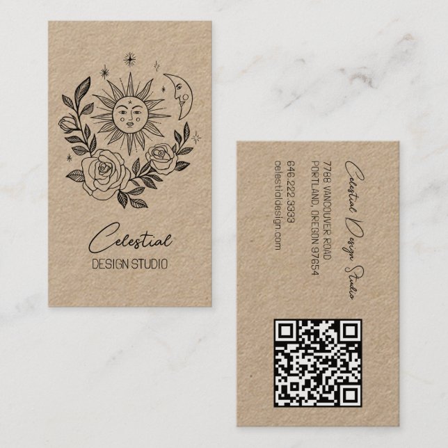 Carte De Visite Sun Moon & Rose Magique Boho KRAFT CUSTOM QR (Devant / Derrière)