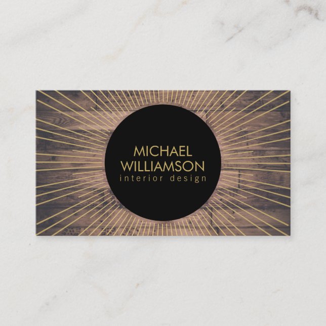 Carte De Visite Sunburst Gold avec concepteur de bois rustique (Devant)