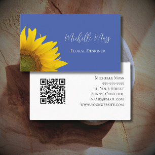 Carte De Visite Sunflower botanique Code QR Bleu blanc