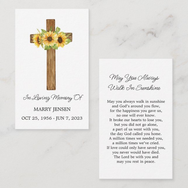 Carte De Visite Sunflower Cross Memorial Funeral Prayer Card (Devant / Derrière)