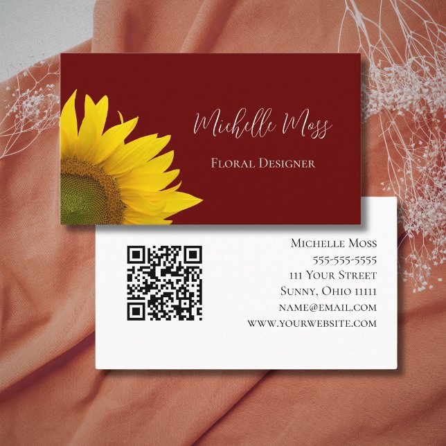 Carte De Visite Sunflower Whimsical QR code Botanical Red (Créateur téléchargé)