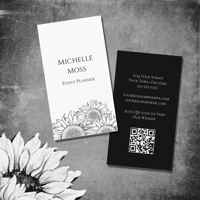Carte De Visite Sunflowers moderne Noir Blanc QR code Boho (Créateur téléchargé)