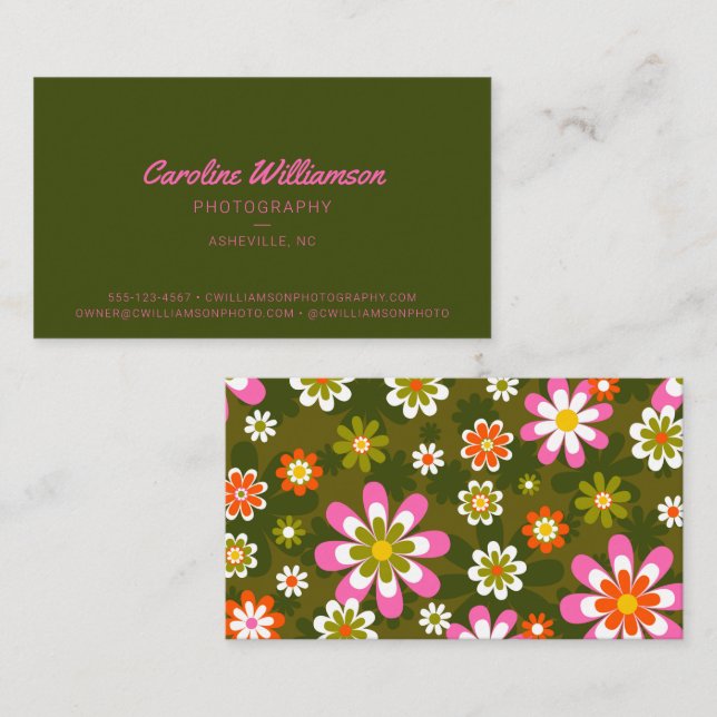 Carte De Visite Super Retro rose et vert botanique tendance (Devant / Derrière)