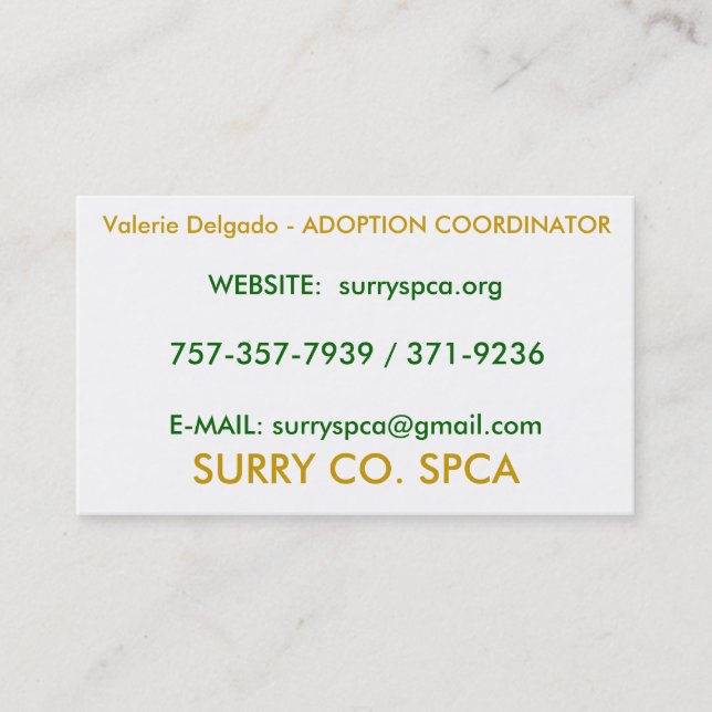 Carte De Visite SURRY Cie. SPCA, Valerie Delgado - ADOPTION COOR… (Devant)