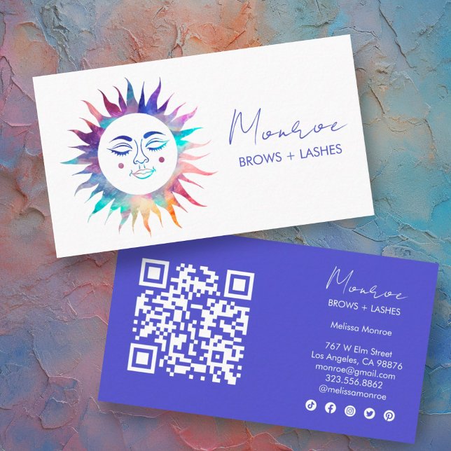 Carte De Visite Sweet Sunshine Arc-en-ciel Boho Élégante icône soc (Sunshine rainbow custom business cards, qr code and social media icons)