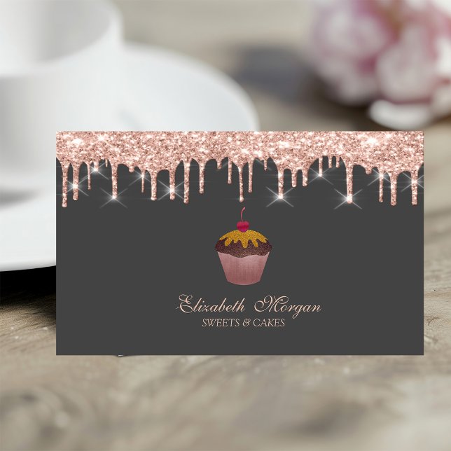 Carte De Visite  Sweets Cupcake Cherry Rose Gold Drips Bakery  (Créateur téléchargé)