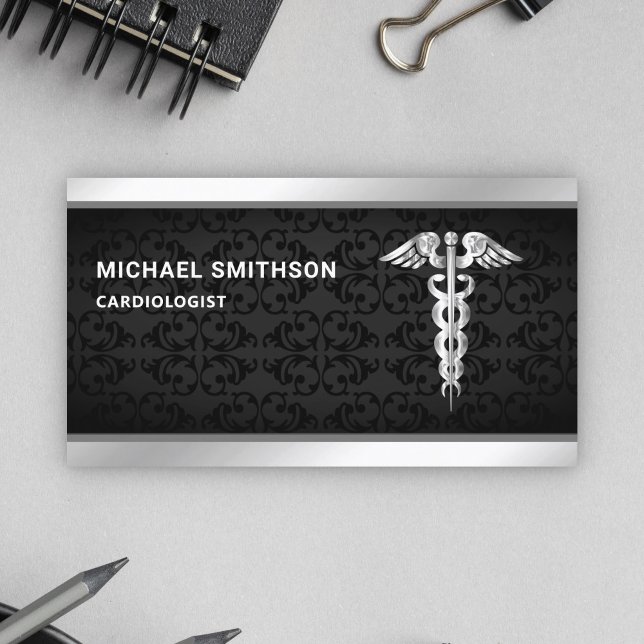 Carte De Visite Symbole Black Silver Caduceus Médicale Professionn (Créateur téléchargé)