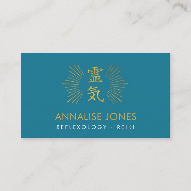 Carte De Visite Symbole curatif de Reiki d'or sur le bleu (Devant)