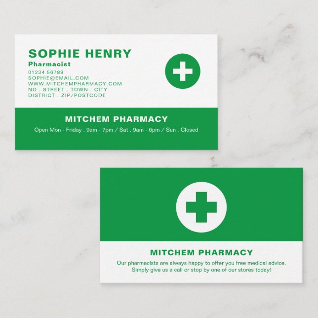 Carte De Visite Symbole de premiers soins, pharmacie, pharmaciens (Devant / Derrière)