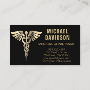 Carte De Visite Symbole Médicale Caduceus - Or, Noir, Biseau Blanc