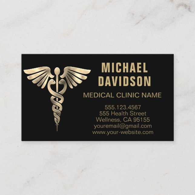 Carte De Visite Symbole Médicale Caduceus - Or, Noir, Biseau Blanc (Devant)