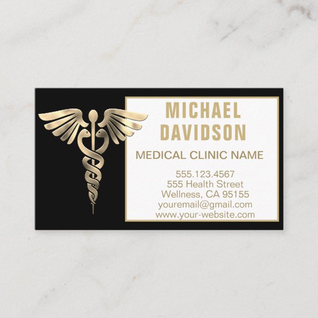Carte De Visite Symbole Médicale Caduceus - Or, Noir, Biseau Blanc (Devant)