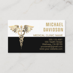 Carte De Visite Symbole Médicale Caduceus - Or, Noir, Biseau Blanc