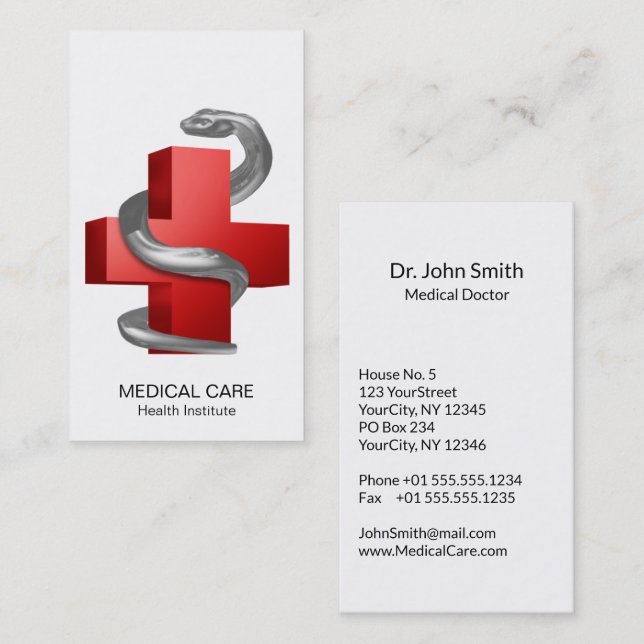 Carte De Visite Symbole rouge Croix Médicale Serpent serpent d'arg (Devant / Derrière)