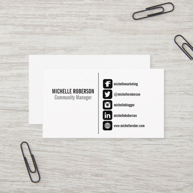 Carte De Visite Symboles sociaux noirs de médias sur l'arrière - (Devant/Arrière en situation)