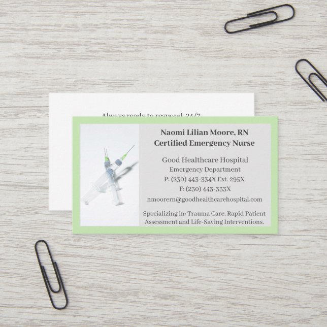 Carte De Visite Syringes verts Soins de santé Infirmière inscrite  (Devant/Arrière en situation)
