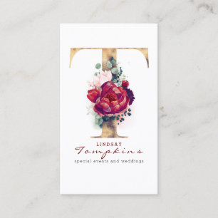 Carte De Visite T Monogramme Bourgogne Fleurs rouges et Parties sc