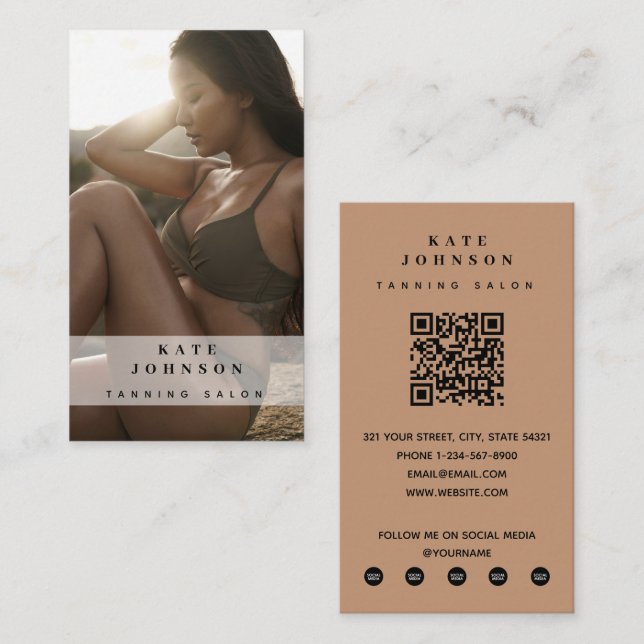 Carte De Visite Tanning Salon Spray Tan Beauté Photo QR Code (Devant / Derrière)