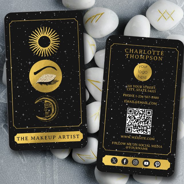 Carte De Visite Tarot céleste peintre maquillage Lune Soleil Noir  (Celestial Tarot Sun Moon Makeup Artist Black Gold Business Card)