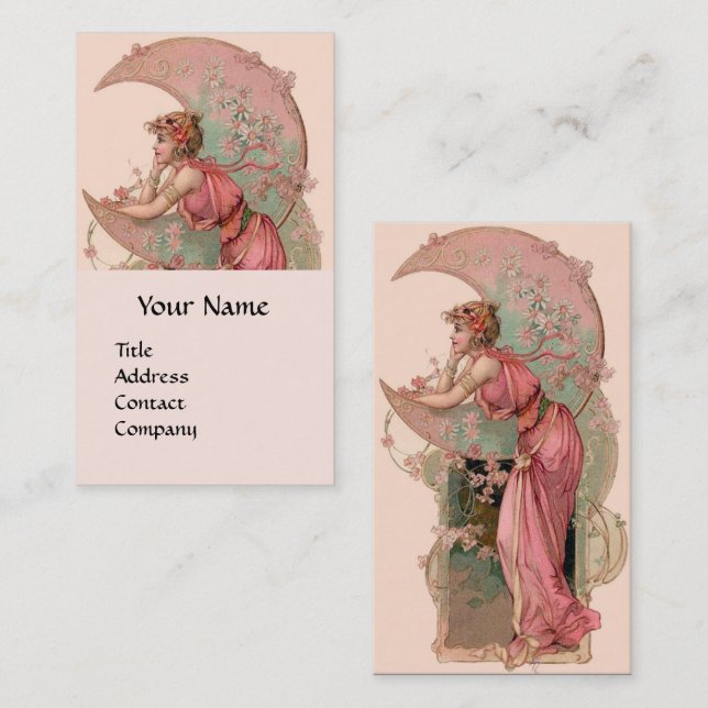CARTE DE VISITE TAROTS / LADY DE LA LUNE AVEC FLEURS EN ROSE (Devant / Derrière)