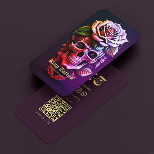 Carte De Visite Tatouage Artiste Crâne Floral Noir Pourpre Moderne