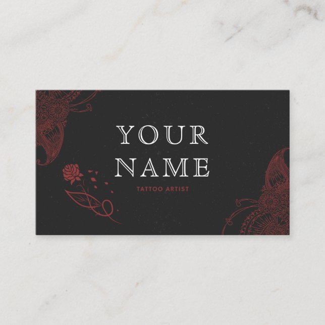 Carte De Visite Tatouage Artiste Noir Red Typographie Rose d'esqui (Devant)
