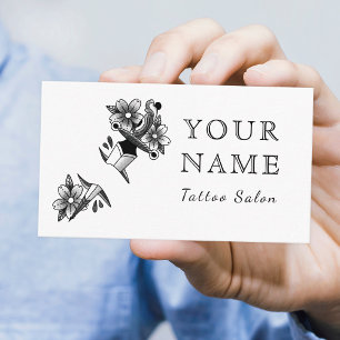 Carte De Visite Tatouage Artiste Salon Floral Épée Noir Blanc Plai