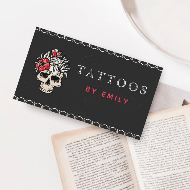 Carte De Visite Tatouages Par Votre Nom Cool Crâne Floral & Papill (Créateur téléchargé)