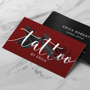 Carte De Visite Tattoo Tattoo Tun Gun & Typographie Rose Rouge
