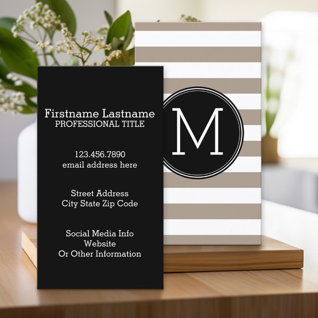 Carte De Visite Taupe et blanc Motif rayé noir Monogramme (Custom Printed Business Card)